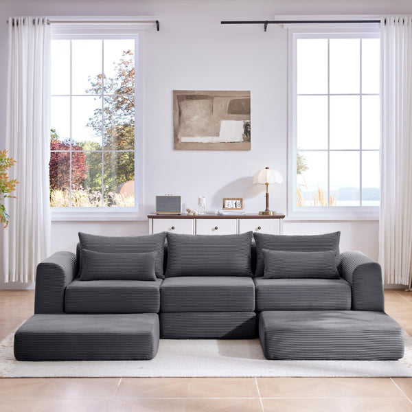 English Elm Upholstered Modular Floor Sectional Corduroy Sofa with Five Pillows for Living Rooms Grey W3975S00090