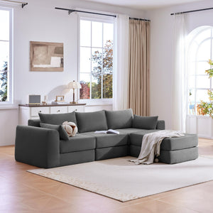 English Elm Upholstered Modular Floor Sectional Corduroy Sofa with Five Pillows for Living Rooms Grey W3975S00090