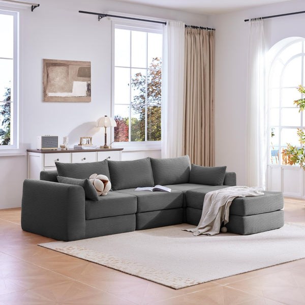 English Elm Upholstered Modular Floor Sectional Corduroy Sofa with Five Pillows for Living Rooms Grey W3975S00090