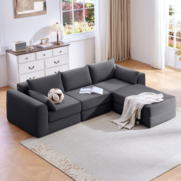 English Elm Upholstered Modular Floor Sectional Corduroy Sofa with Five Pillows for Living Rooms Grey W3975S00090