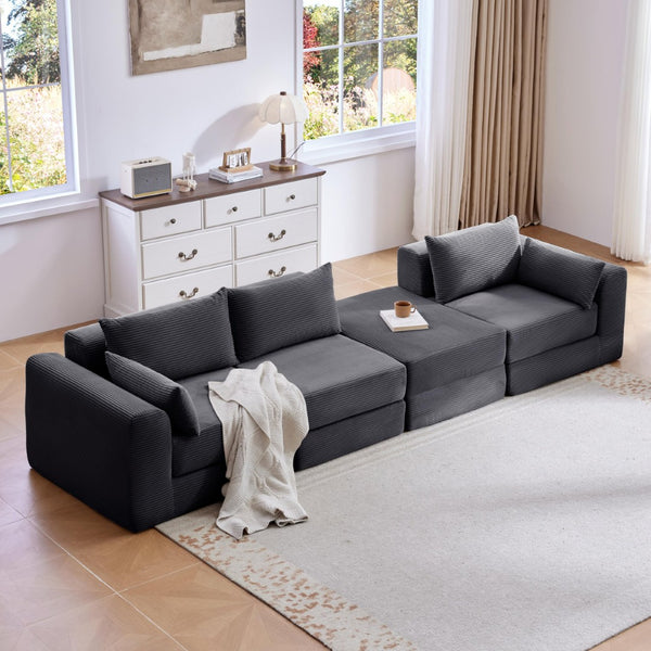 English Elm Upholstered Modular Floor Sectional Corduroy Sofa with Five Pillows for Living Rooms Grey W3975S00090