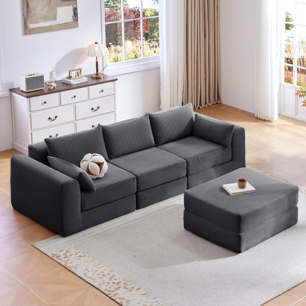 English Elm Upholstered Modular Floor Sectional Corduroy Sofa with Five Pillows for Living Rooms Grey W3975S00090