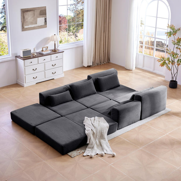 English Elm Upholstered Modular Floor Sectional Corduroy Sofa with Five Pillows for Living Rooms Grey W3975S00090