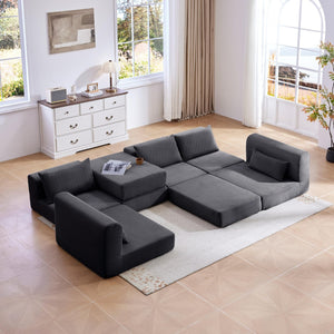 English Elm Upholstered Modular Floor Sectional Corduroy Sofa with Five Pillows for Living Rooms Grey W3975S00090