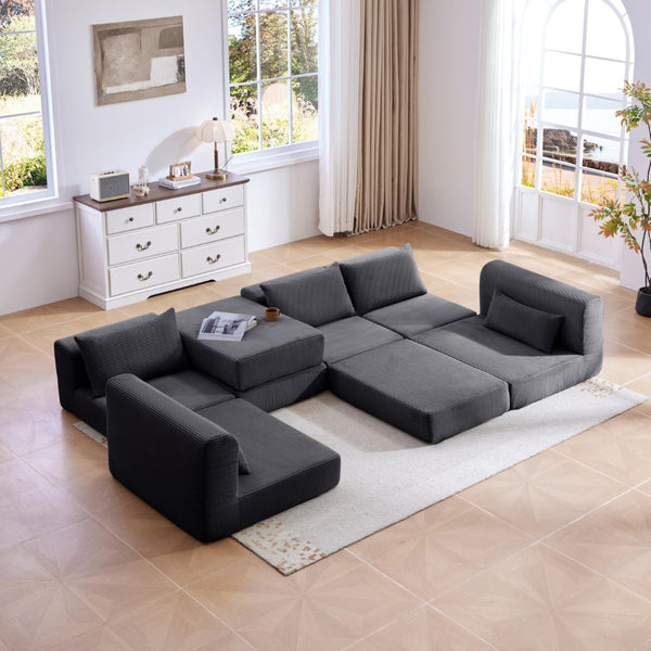 English Elm Upholstered Modular Floor Sectional Corduroy Sofa with Five Pillows for Living Rooms Grey W3975S00090