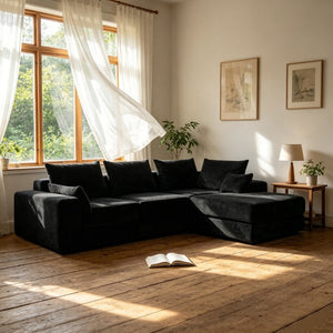 English Elm Upholstered Modular Floor Sectional in Black Corduroy with Five Accent Pillows W3975S00094
