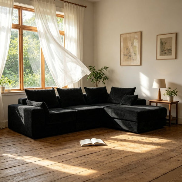 English Elm Upholstered Modular Floor Sectional in Black Corduroy with Five Accent Pillows W3975S00094