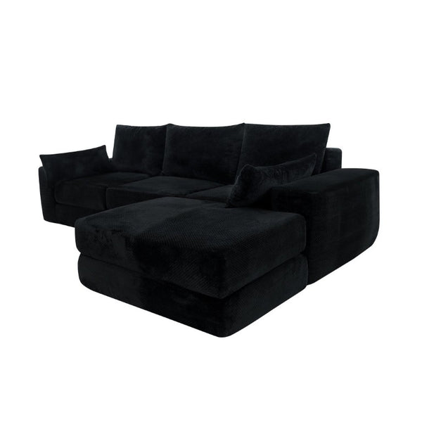 English Elm Upholstered Modular Floor Sectional in Black Corduroy with Five Accent Pillows W3975S00094