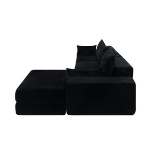 English Elm Upholstered Modular Floor Sectional in Black Corduroy with Five Accent Pillows W3975S00094