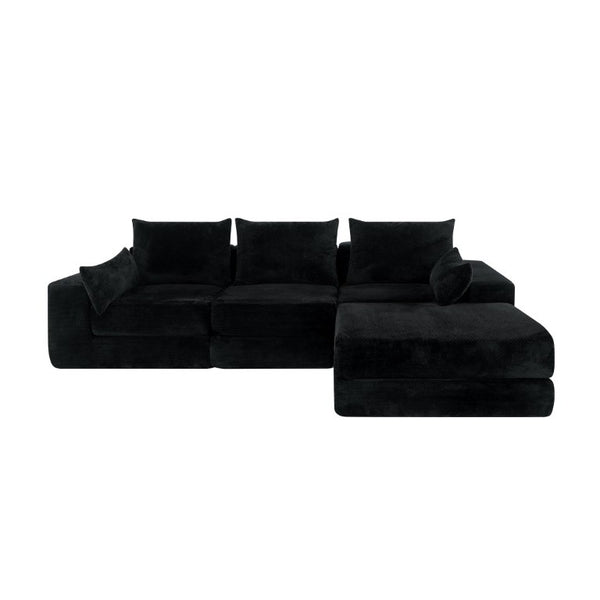 English Elm Upholstered Modular Floor Sectional in Black Corduroy with Five Accent Pillows W3975S00094