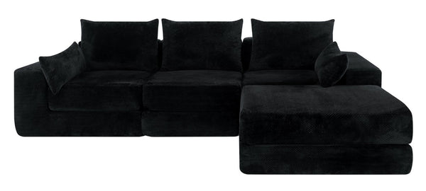 English Elm Upholstered Modular Floor Sectional in Black Corduroy with Five Accent Pillows W3975S00094