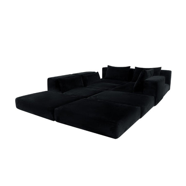 English Elm Upholstered Modular Floor Sectional in Black Corduroy with Five Accent Pillows W3975S00094