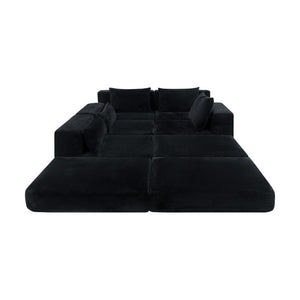 English Elm Upholstered Modular Floor Sectional in Black Corduroy with Five Accent Pillows W3975S00094