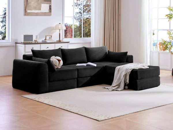 English Elm Upholstered Modular Sectional in Black Corduroy Low Profile Floor Sofa for Apartments W3975S00097