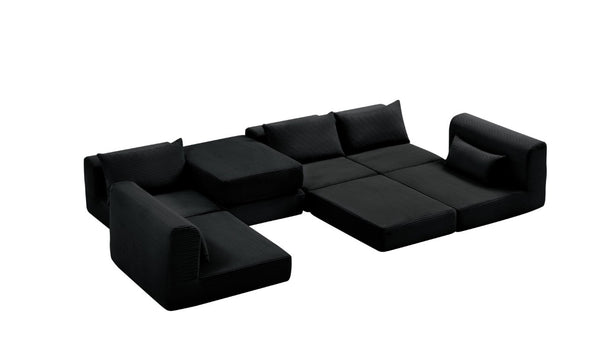 English Elm Upholstered Modular Sectional in Black Corduroy Low Profile Floor Sofa for Apartments W3975S00097