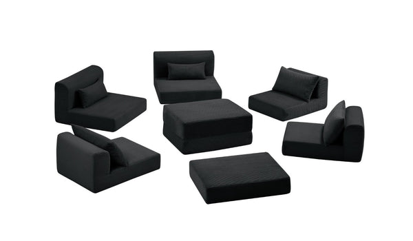 English Elm Upholstered Modular Sectional in Black Corduroy Low Profile Floor Sofa for Apartments W3975S00097