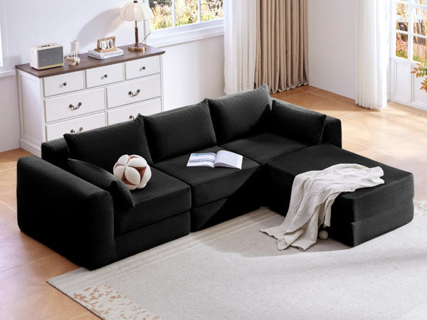 English Elm Upholstered Modular Sectional in Black Corduroy Low Profile Floor Sofa for Apartments W3975S00097