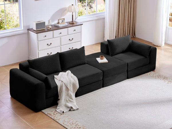 English Elm Upholstered Modular Sectional in Black Corduroy Low Profile Floor Sofa for Apartments W3975S00097