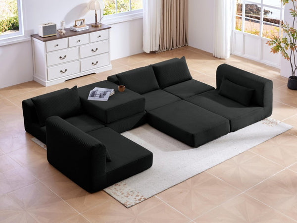 English Elm Upholstered Modular Sectional in Black Corduroy Low Profile Floor Sofa for Apartments W3975S00097