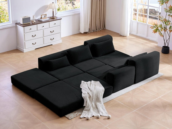 English Elm Upholstered Modular Sectional in Black Corduroy Low Profile Floor Sofa for Apartments W3975S00097