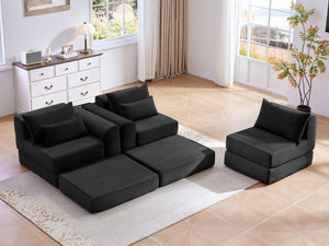 English Elm Upholstered Modular Sectional in Black Corduroy Low Profile Floor Sofa for Apartments W3975S00097