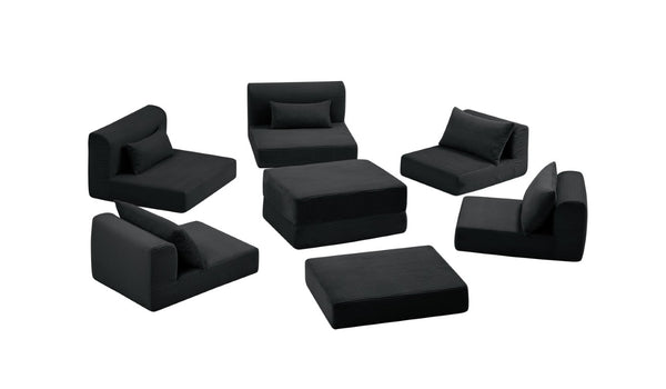 English Elm Upholstered Modular Floor Sofa with Corduroy Fabric and Low Profile Lounge Design Black 71" L-Shaped W3975S00101