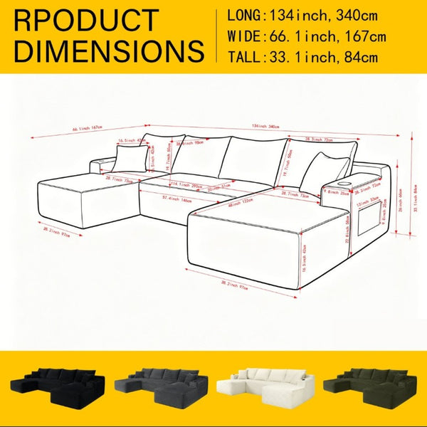 English Elm 134 Inch U-Shaped Modular Cloud Sectional Plush Corduroy Deep Seating Lounge Sofa W3975S00105