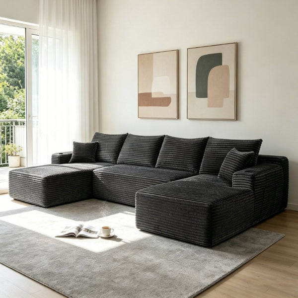 English Elm 133 Inch U-Shape Modular Sectional Sofa Corduroy Deep Seating Couch for Living Room Grey W3975S00106