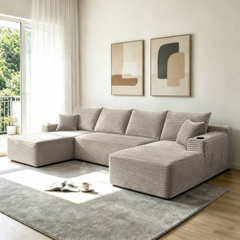English Elm 133" U-shape Cloud Sectional Plush Corduroy Deep Seat Modular Sofa for Living Room W3975S00110