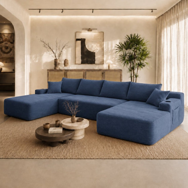 English Elm 126" U-shaped Modular Sectional Deep Lounge Sofa with Corduroy Upholstery and Cup Holder Blue W3975S00117
