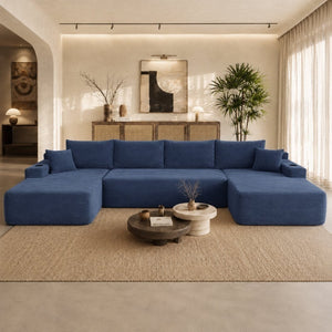 English Elm 126" U-shaped Modular Sectional Deep Lounge Sofa with Corduroy Upholstery and Cup Holder Blue W3975S00117