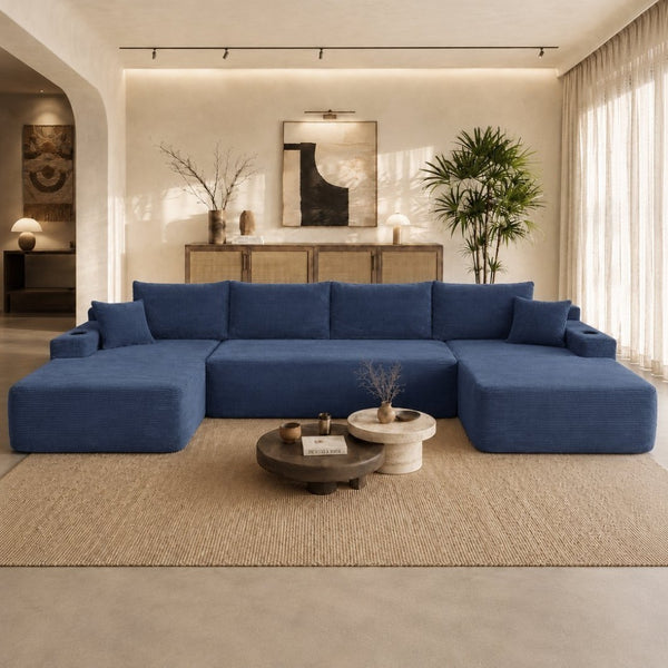 English Elm 126" U-shaped Modular Sectional Deep Lounge Sofa with Corduroy Upholstery and Cup Holder Blue W3975S00117