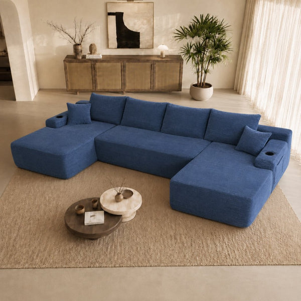 English Elm 126" U-shaped Modular Sectional Deep Lounge Sofa with Corduroy Upholstery and Cup Holder Blue W3975S00117