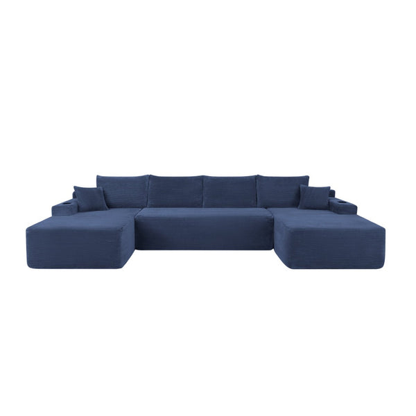 English Elm 126" U-shaped Modular Sectional Deep Lounge Sofa with Corduroy Upholstery and Cup Holder Blue W3975S00117