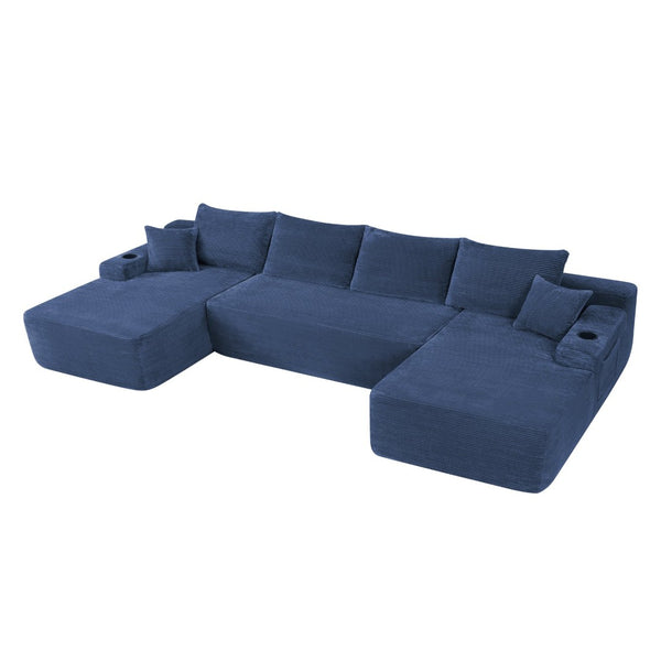 English Elm 126" U-shaped Modular Sectional Deep Lounge Sofa with Corduroy Upholstery and Cup Holder Blue W3975S00117