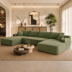 English Elm 126" U-shaped Modular Sectional Deep Lounge Sofa with Corduroy Upholstery and Cup Holder Green W3975S00118