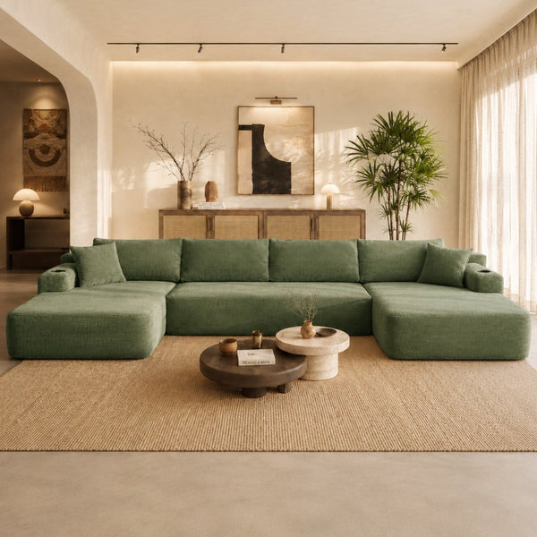English Elm 126" U-shaped Modular Sectional Deep Lounge Sofa with Corduroy Upholstery and Cup Holder Green W3975S00118
