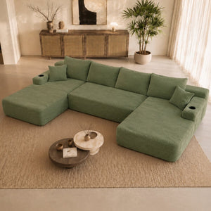 English Elm 126" U-shaped Modular Sectional Deep Lounge Sofa with Corduroy Upholstery and Cup Holder Green W3975S00118