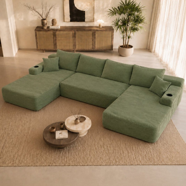 English Elm 126" U-shaped Modular Sectional Deep Lounge Sofa with Corduroy Upholstery and Cup Holder Green W3975S00118
