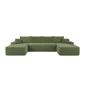 English Elm 126" U-shaped Modular Sectional Deep Lounge Sofa with Corduroy Upholstery and Cup Holder Green W3975S00118