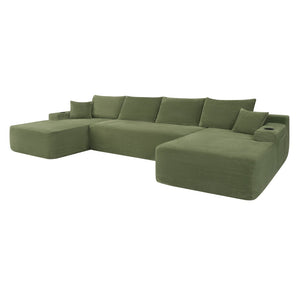English Elm 126" U-shaped Modular Sectional Deep Lounge Sofa with Corduroy Upholstery and Cup Holder Green W3975S00118
