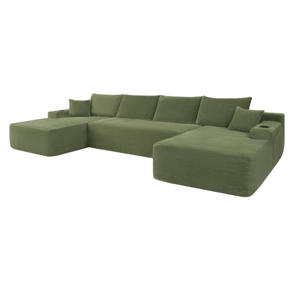 English Elm 126" U-shaped Modular Sectional Deep Lounge Sofa with Corduroy Upholstery and Cup Holder Green W3975S00118