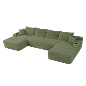 English Elm 126" U-shaped Modular Sectional Deep Lounge Sofa with Corduroy Upholstery and Cup Holder Green W3975S00118