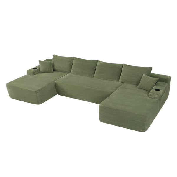 English Elm 126" U-shaped Modular Sectional Deep Lounge Sofa with Corduroy Upholstery and Cup Holder Green W3975S00118