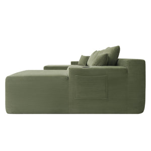 English Elm 126" U-shaped Modular Sectional Deep Lounge Sofa with Corduroy Upholstery and Cup Holder Green W3975S00118