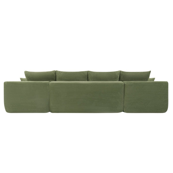 English Elm 126" U-shaped Modular Sectional Deep Lounge Sofa with Corduroy Upholstery and Cup Holder Green W3975S00118