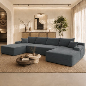 English Elm 126" U-shaped Modular Sectional Deep Lounge Sofa with Corduroy Upholstery and Cup Holder Grey W3975S00119