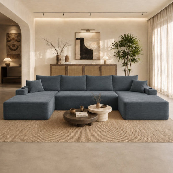 English Elm 126" U-shaped Modular Sectional Deep Lounge Sofa with Corduroy Upholstery and Cup Holder Grey W3975S00119