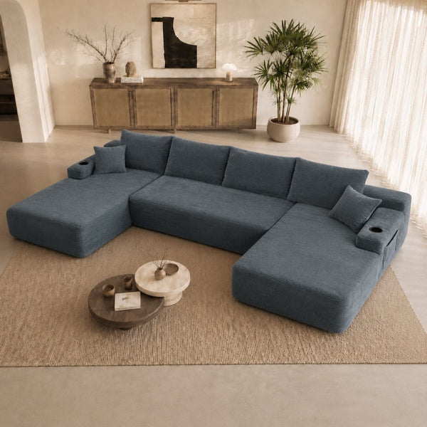 English Elm 126" U-shaped Modular Sectional Deep Lounge Sofa with Corduroy Upholstery and Cup Holder Grey W3975S00119