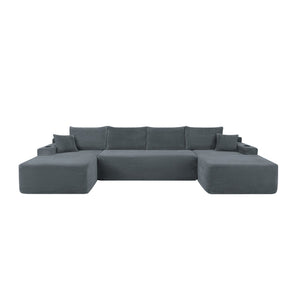 English Elm 126" U-shaped Modular Sectional Deep Lounge Sofa with Corduroy Upholstery and Cup Holder Grey W3975S00119